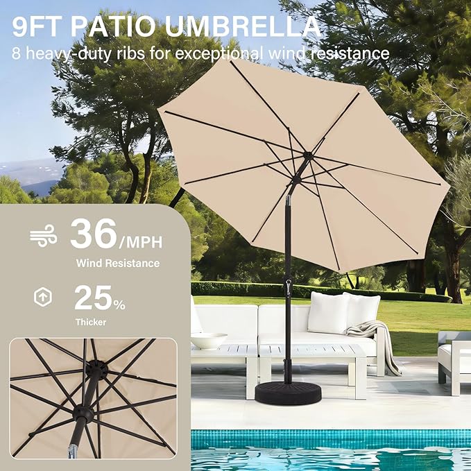 MEWAY 9ft Patio Umbrella Outdoor Table Umbrellas with Push Button Tilt and Crank, Market Umbrella 8 Sturdy Ribs for Deck, Garden, Pool and Backyard, Cream Beige - Image 4
