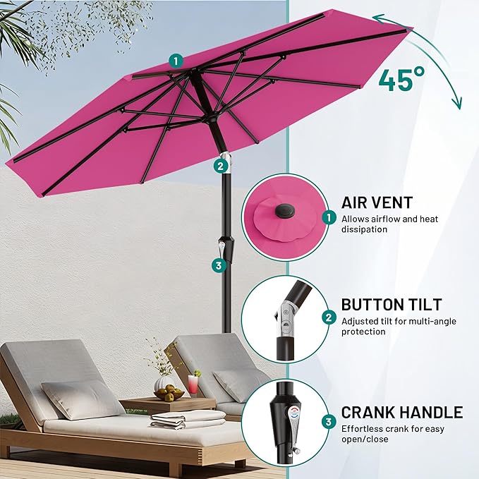 AreShark 9 FT Patio Umbrella for Outdoor, Outdoor Table Umbrella with Push Button Tilt and Crank, Outdoor Patio Umbrellas with 8 Sturdy Ribs for Market, Garden, Pool (Rose Pink) - Image 5