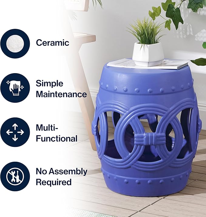 JONATHAN Y TBL1022D Lucky Coins 16" Chinese Ceramic Drum Indoor/Outdoor Garden Stool Bohemian, Coastal, Cottage, French Country, Traditional, for Living Room, Garden Room, Patio, Matte Blue - Image 5