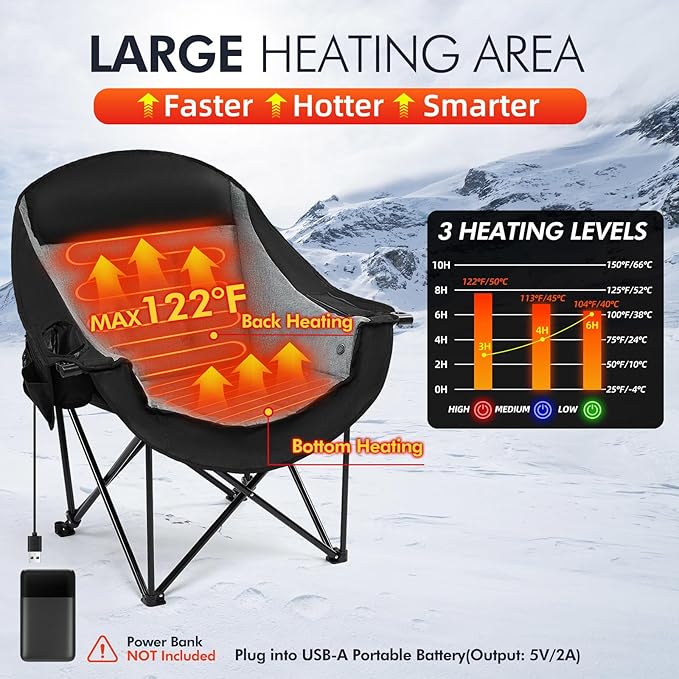 Heated Oversized Camping Chair - Heavy Duty Padded Folding Camping Chairs for Adults with Cooling Bag, Side Pocket, Cup Holder and Carry Bag for Outdoor Sports Lawn Fishing Garden Portable - Image 4