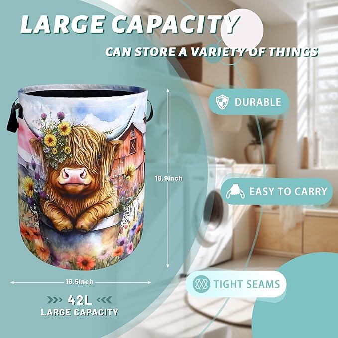 Highland Cow Laundry Basket Floral Farm Foldable Funny Laundry Hamper Oxford - Image 2