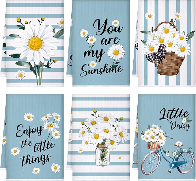 Boyiee Set of 6 Daisy Flower Kitchen Towels Daisy Stripes Tea Towels Floral by Boyiee
