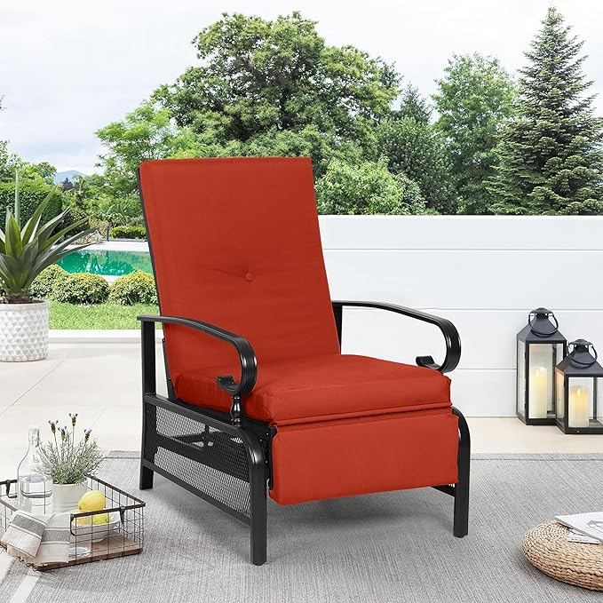 Oakcloud Adjustable Outdoor Lounge Chair Metal Patio Relaxing Recliner Chair with Removable Cushions(Red) - Image 2