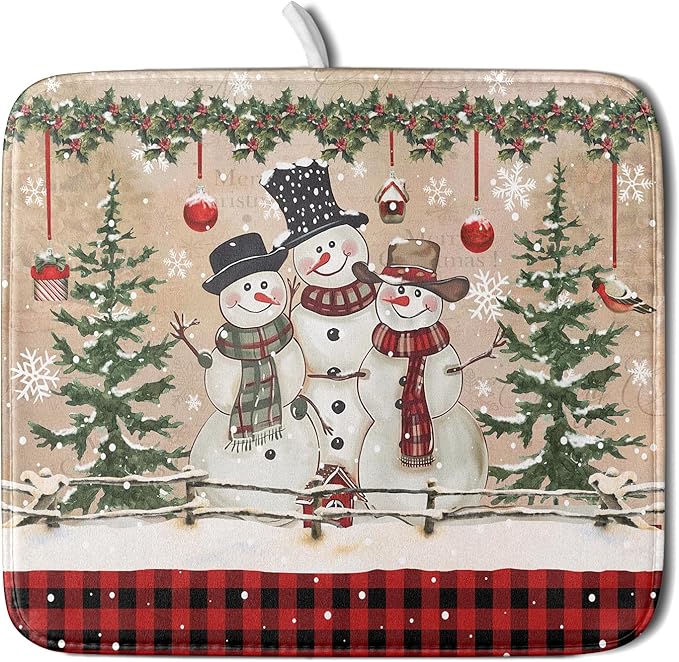 Winter Snowman Dish Drying Mat 16x18 Inch Red Buffalo Plaid Holiday Dish by Giwawa