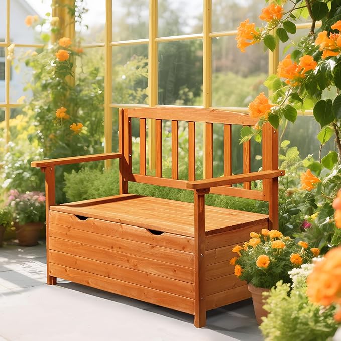 VINGLI Outdoor Storage Bench, Large Wood Deck Box with Seating, Weatherproof Outdoor Bench with Storage Loveseat, 2-Person Wooden Patio Bench for Entryway, Backyard, Garden - Image 8