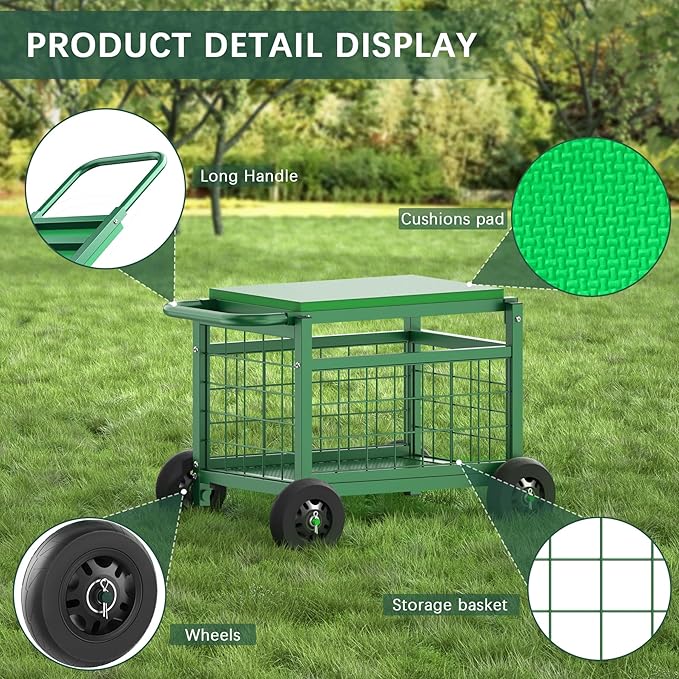 FLINTER Rolling Garden Work Seat with Wheels, Upgraded Heavy Duty Gardenning Cart with Seat - Garden Rolling Stools with Wheels for Seniors, Lawn, Patio & Backyard Gardening, Green - Image 9