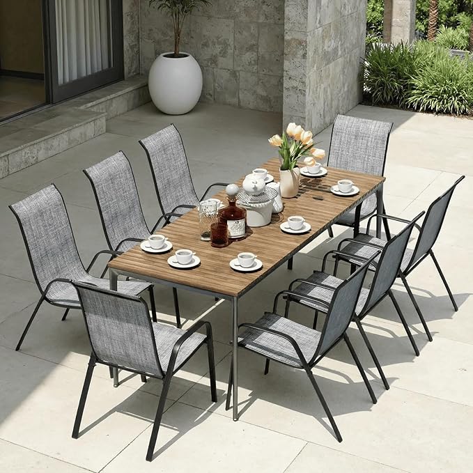 MAMIZO Patio Dining Chairs, Stackable All Weather Teslin Chair, Heavy Duty Outdoor Breathable Chairs Set, w/Armrests, Upgraded Chair FeetW/Strenthened Iron Spacers, 330 LBS (8, Grey) - Image 9