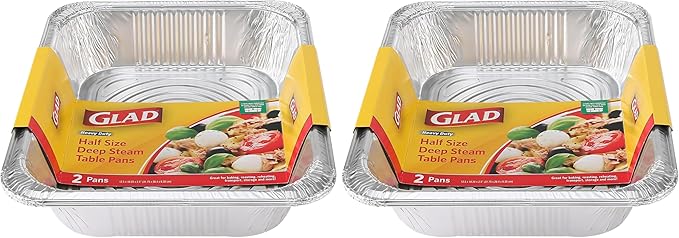 Glad Disposable Aluminum Half Size Deep Steam Pan | 2 Count | 12.5" x 10.25" x by GladTrashFoodStorage