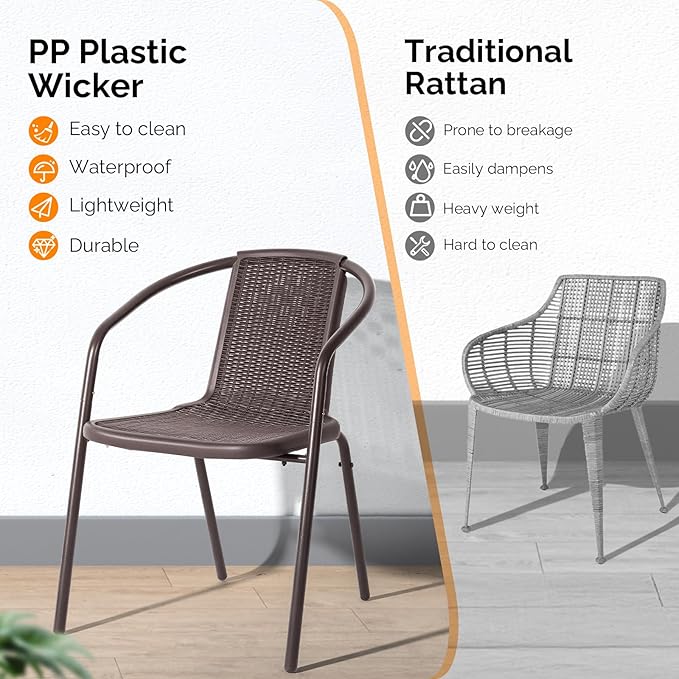 VINGLI PE Rattan Outdoor Dining Chairs Set of 4, Plastic Stackable Patio Chairs for Indoor, Porch, Restaurant, Garden, Brown - Image 6