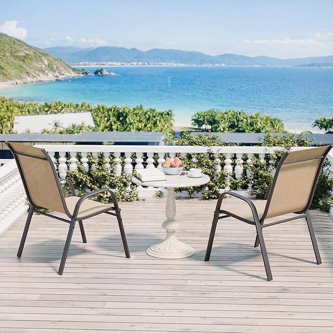 Betterhood Patio Chairs Set of 2, Stackable Outdoor Dining Chairs Set with Breathable Seat Fabric, All-Weather Powder-Coated Metal Frame for Deck, Pool Side and Backyard, 350LBS Capacity (Khaki) - Image 5