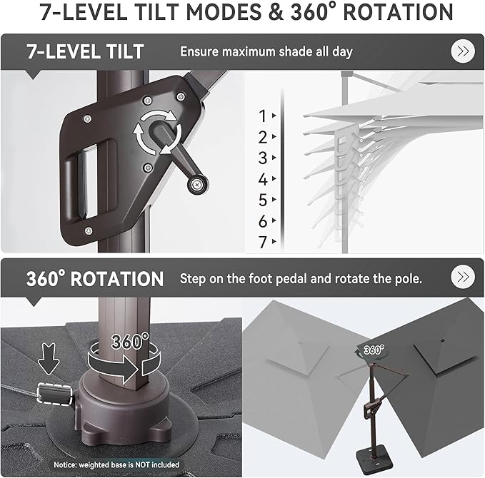 10 X 13 FT Cantilever Outdoor Patio Umbrella with Base Included Large Heavy Duty 360° Rotation Double Top Offset Rectangular Umbrellas with Led Lights for Backyard Outside Deck,Grey - Image 4