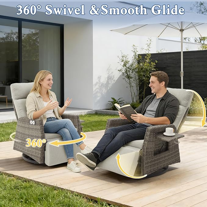 Adjustable Outdoor Recliner Chair with Independent Backrest & Footrest, Patio Swivel Recliner Chair, Wicker Reclining Patio Chair w/Flip-Up Table, 155° Lay Flat Chaise Lounge, Gray, 2PCS - Image 3