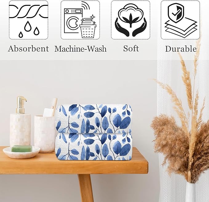 Blue Eucalyptus Leaves Bathroom Hand Towel Set of 2, Watercolor Botanical Plant - Image 4