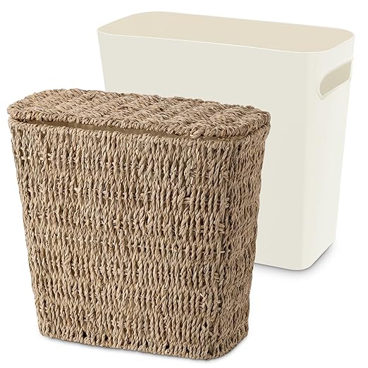 Wicker Waste Basket with Lid and Liner, Woven Seagrass Trash Can, Bathroom by Unknown