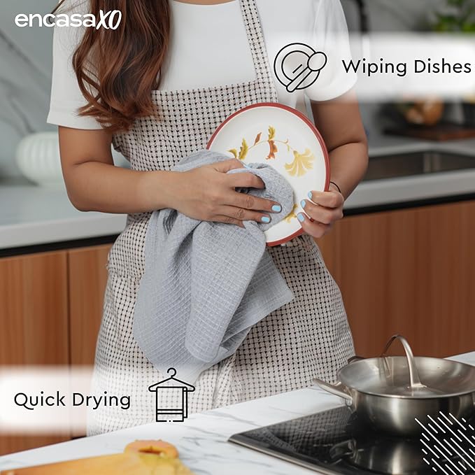 Encasa XO Kitchen Dish Towels Set | Light Grey | Waffle Weave and Flat Hand Tea - Image 4