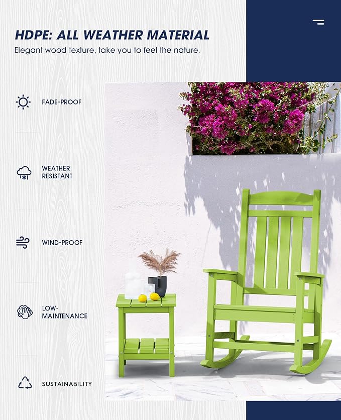 KINGYES Outdoor Rocking Chair Set of 2, High Density Polyethylene Patio Rocking Chairs with 330lbs Support for Adults, Pistachio Green - Image 7