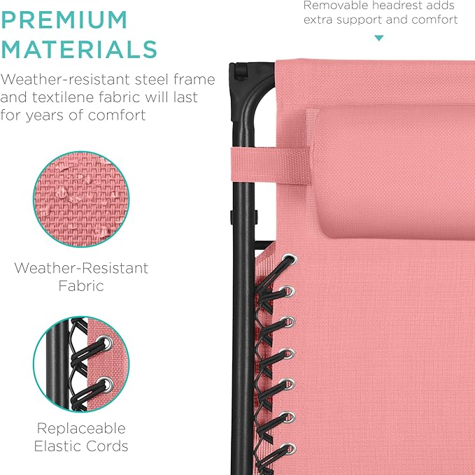 Best Choice Products 30” Wide Folding Zero Gravity Outdoor Recliner Patio Lounge Chair w/Adjustable Canopy Shade, Headrest, Side Accessory Tray - Pink - Image 7