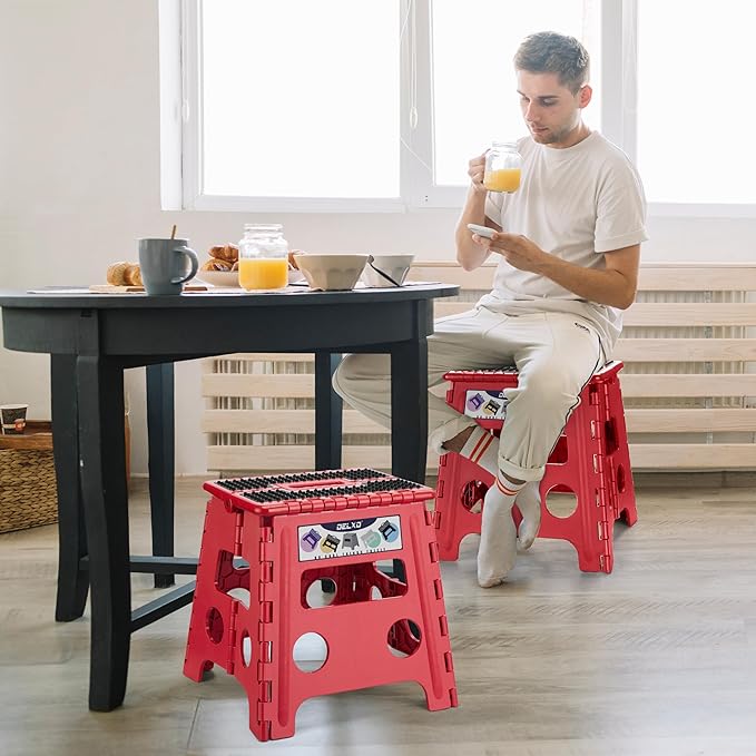 Delxo Folding Step Stool,Non-Slip Stool 13 inch Height Premium Heavy Duty Foldable Stool for Kids and Adults,Kitchen Garden Bathroom Steppingstool 1 Pack in Red,Dotted Texture - Image 4
