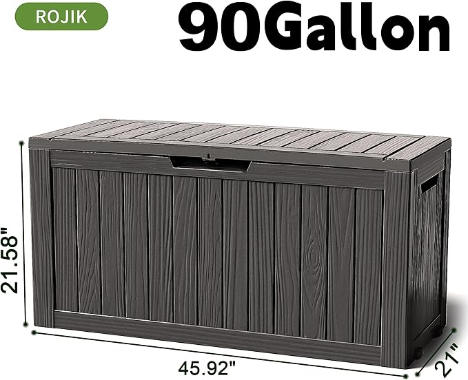 ROJIK Outdoor Storage Housing Deck Box - Waterproof Patio Furniture, Garden Tools, Cushions, Pool Accessories Storage Bench with Lockable Lid and Side Handles (Black 90 Gal) - Image 2