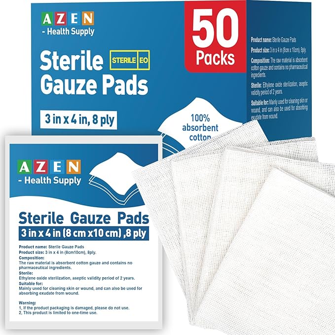 AZEN 50 Pack Sterile Gauze Pads, 8-Ply Cotton Gauze Sponges by AZEN