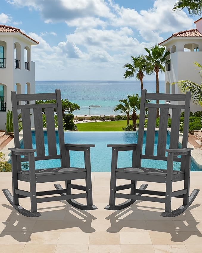 KINGYES Oversized Outdoor Rocking Chair, All-Weather Patio Rocking Chairs for Porch, HDPE Outdoor Patio Rockers with High Back & Wide Seat for Garden, Lawn, Gray - Image 2