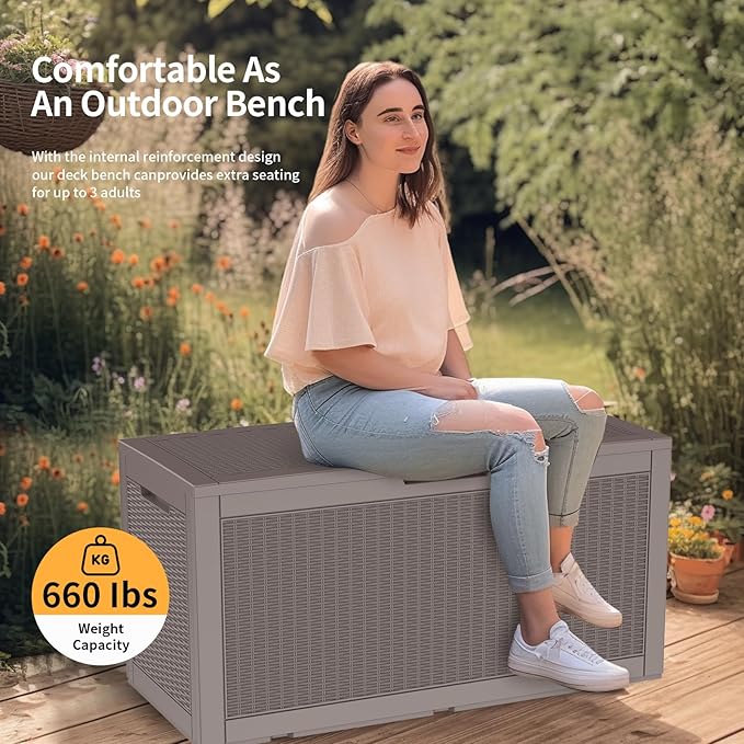 DRATO 100 Gallon Large Deck Box, Outdoor Storage Box for Patio Furniture, Patio Cushions, Gardening Tools, Pool Supplies,660lbs Weight Capacity,Waterproof Resin Storage Boxes（Gray，100 Gallon） - Image 2
