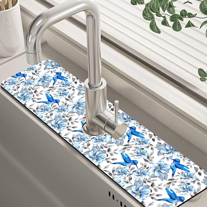 Kitchen Sink Splash Guard Faucet Mat Blue Floral and Hummingbird Absorbent Fast by Unknown