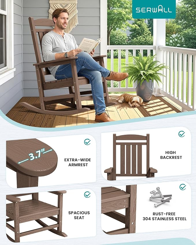 SERWALL HDPE Outdoor Rocking Chair for Adults, Heavy Duty Patio Rocking Chair, All-Weather Oversized Porch Rocker, Brown - Image 5