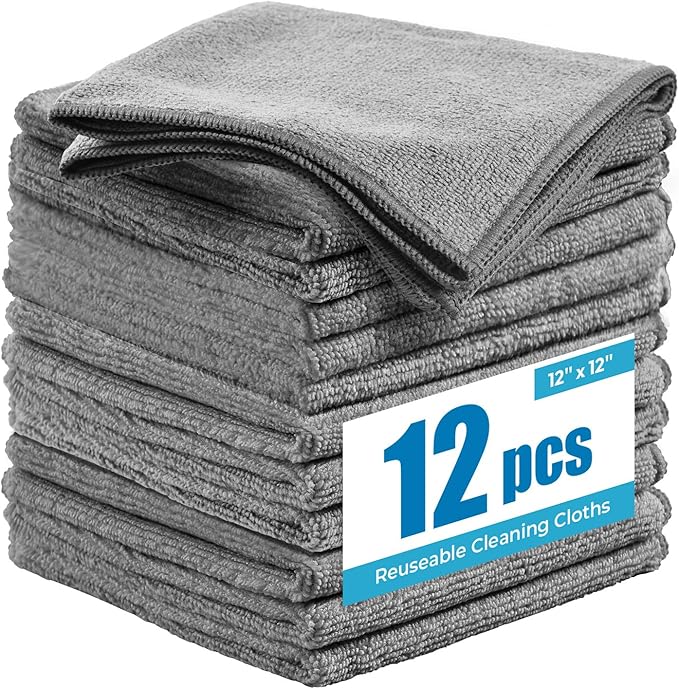 Microfiber Cleaning Cloth 12"X12" 12 Pack Grey Lint Free Microfiber Towels by Tekswip