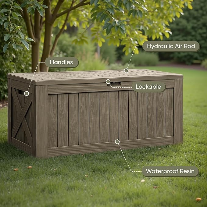 Flamaker Resin Deck Box 120 Gallon Waterproof Large Outdoor Indoor Storage Box Imitation Wood Resin for Patio Furniture Garden Tools and Pool (Brown) - Image 2
