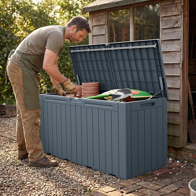 Greesum 110 Gallon Outdoor Storage Box with Lockable Lid, All-Weather Solution for Patio Furniture, Pool Supplies & Garden Tools, Waterproof, UV-Resistant Large Deck Box, Gray - Image 6