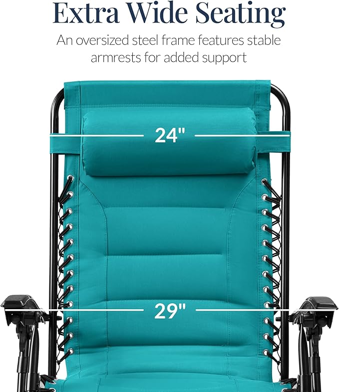 Best Choice Products Oversized Padded Zero Gravity Chair, Folding Outdoor Patio Recliner, XL Anti Gravity Lounger for Backyard w/Headrest, Cup Holder, Side Tray, Polyester Mesh - Peacock Blue - Image 3