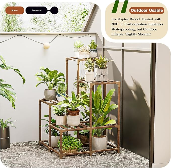 Bamworld Corner Plant Stand Indoor Outdoor Plant Shelf Small Plant Table for Multiple Plants Wooden Plant Holder for Garden Patio Lawn Window Plants Gift,Brown - Image 3