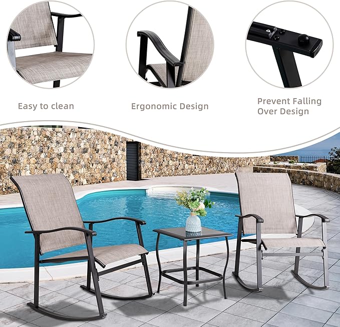 Vongrasig 3 Piece Outdoor Rocking Bistro Set, Textilene Fabric Small Patio Furniture Set, Front Porch Rocker Chairs Conversation Set with Glass Table for Lawn, Garden, Balcony, Poolside (Taupe) - Image 3