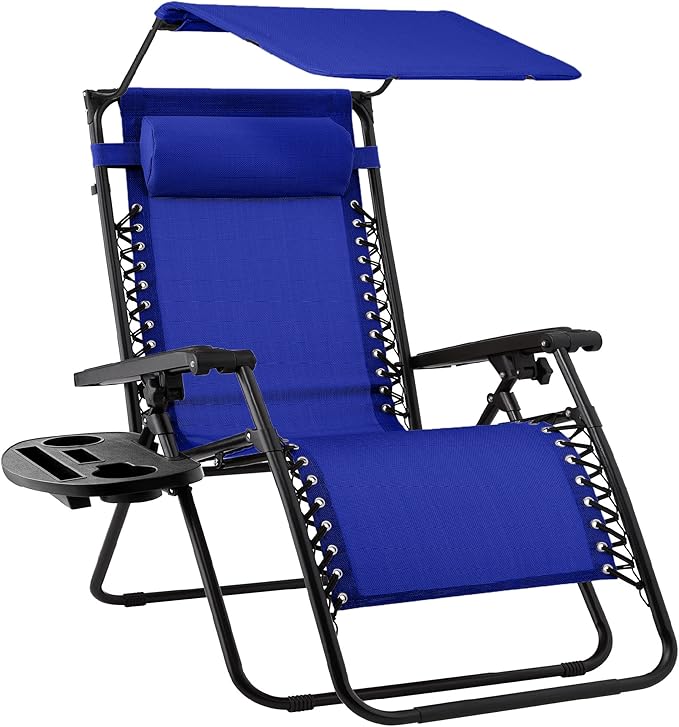 Best Choice Products Folding Zero Gravity Outdoor Recliner Patio Lounge Chair w/Adjustable Canopy Shade, Headrest, Side Accessory Tray, Textilene Mesh - Cobalt Blue by BestChoiceProducts