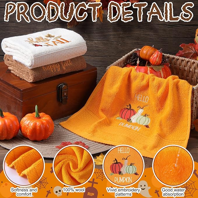 3 Pcs Fall Pumpkin Hand Towels for Bathroom Embroidered Bathroom Towels - Image 4