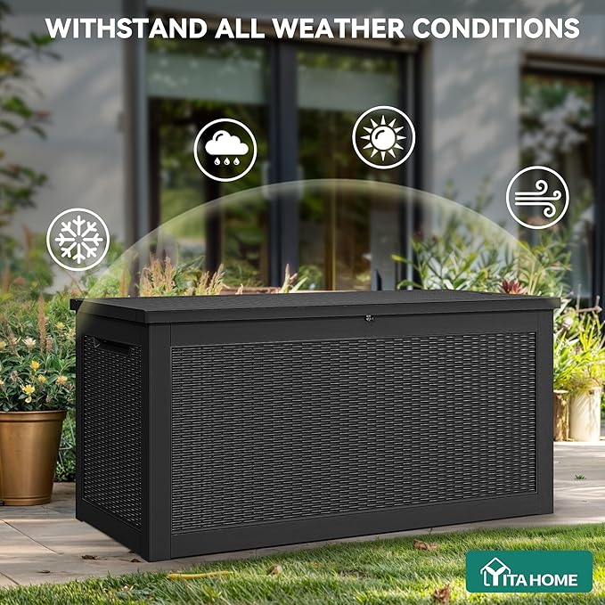 YITAHOME XXL 260 Gal Large Deck Box, Outdoor Resin Storage Box, Rattan Storage Container for Patio Furniture, Garden Tools, Waterproof, Lockable (Black) - Image 4