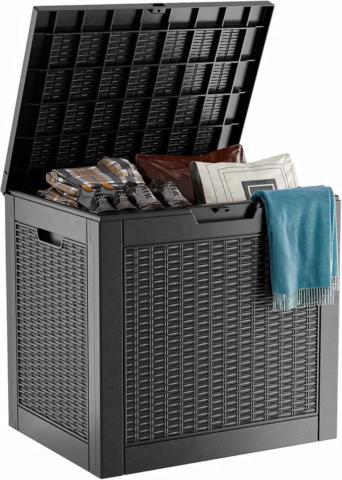 31 Gallon Outdoor Deck Box, Lockable Waterproof Outdoor Storage Boxes For Garden Tools,Indoor Cushions,Accessories Outside Storage Resin Weatherproof Container(Black) by MAIUSCOLI