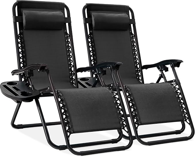 Best Choice Products Set of 2 Adjustable Steel Mesh Zero Gravity Lounge Chair Recliners w/Pillows and Cup Holder Trays - Black by BestChoiceProducts