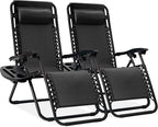 Best Choice Products Set of 2 Adjustable Steel Mesh Zero Gravity Lounge Chair Recliners w/Pillows and Cup Holder Trays - Black by BestChoiceProducts