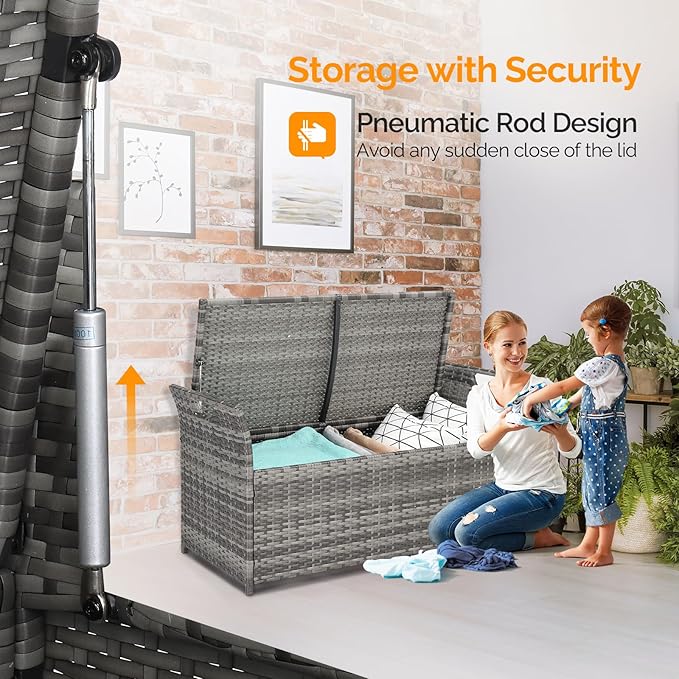 VINGLI 40 Gallon Outdoor Storage Bench with Cushion, Rattan Storage Box, Patio Wicker Deck Box with Seat for Garden | Balcony | Porch | Pool | Yard (Grey Frame + Light Grey Cushion) - Image 3
