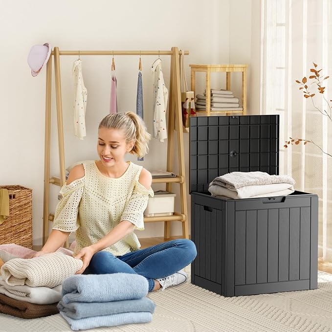 31 Gallon Resin Deck Box, Lockable Patio Outdoor Storage Box for Furniture, Garden Tools and Tools Storage, Waterproof Outside Storage Boxes - Black - Image 2