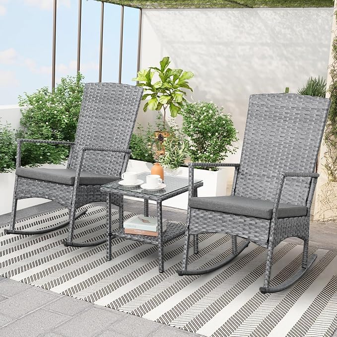 Outdoor Rocking Chair 3 Pieces High-Backed Rocking Chair Patio Rocking Chairs Outdoor Table and Chairs Anti-Slip Cushions Dark Grey by Unknown