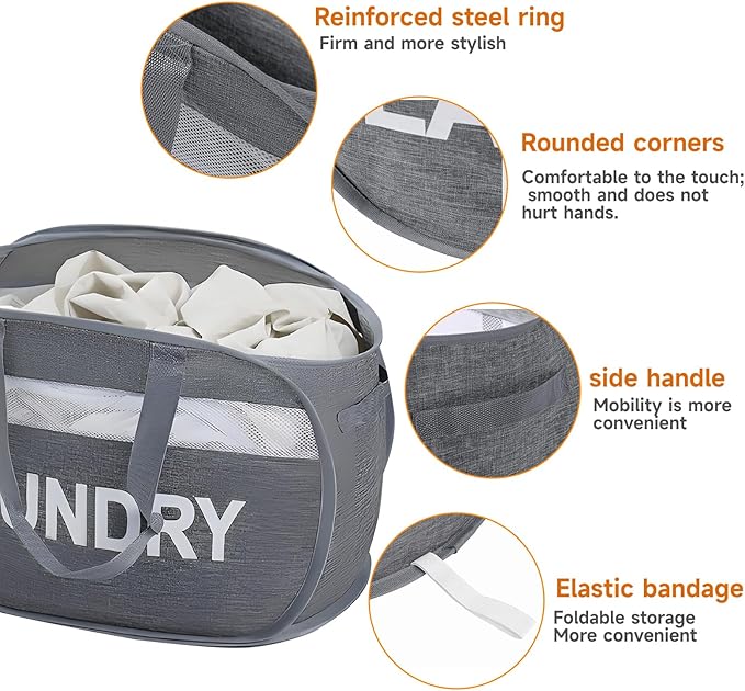 Foldable Laundry Basket with Lid, Oxford Cloth Reinforced Steel Ring - Image 4