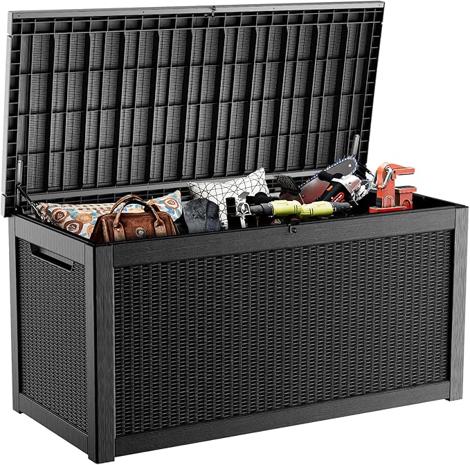 320 Gallon Resin Deck Box, Lockable Weatherproof Outdoor Storage Box for Furniture, Garden Tools and Tools Storage, Waterproof Outside Storage Boxes - Black by OutdoorLivingPerfected