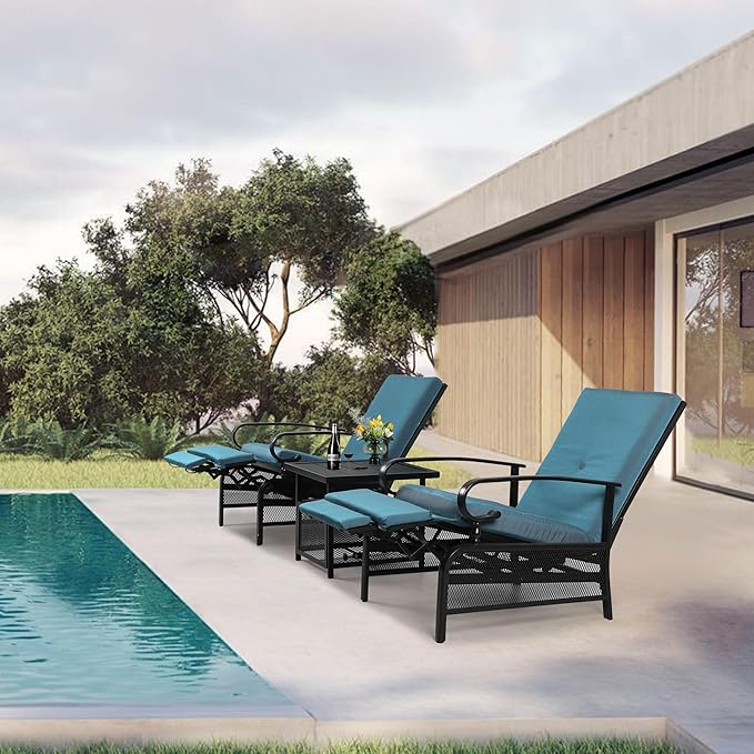 Oakcloud Adjustable Outdoor Lounge Chair Metal Patio Relaxing Recliner Chair Set with Bistro Table and Removable Cushions(Peacock Blue) - Image 7