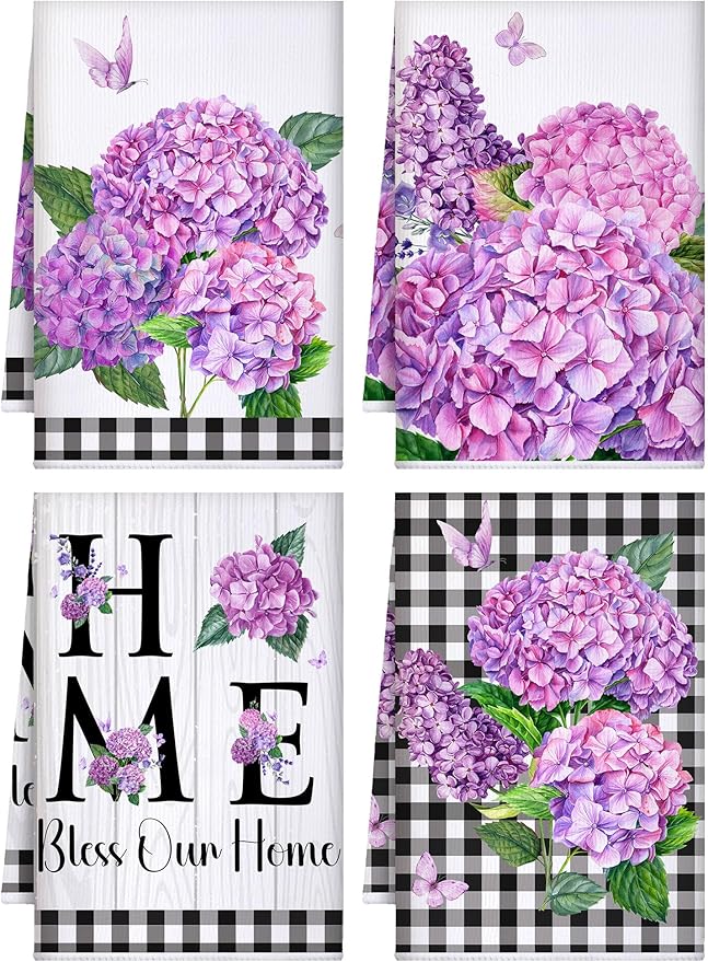 Bencailor 4 Pcs Spring Hydrangea Kitchen Towels Farmhouse Purple Floral Hand by Bencailor