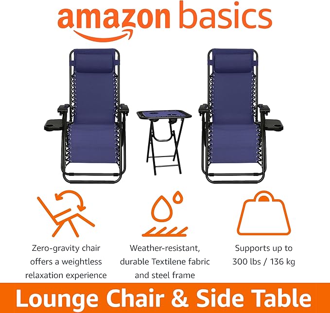 Amazon Basics Outdoor Textilene Adjustable Zero Gravity Folding Reclining Lounge Chair Set with Side Table, pack of 2, Blue - Image 4