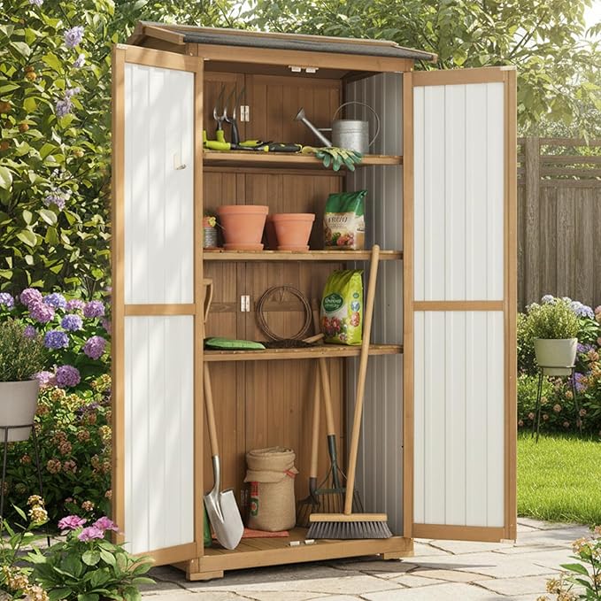 Outdoor Storage Cabinet Weather-Resistant, Wood & Metal Storage Shed with 3 Removable Shelves, Waterproof Roof, Adjustable Feet, Patio Storage Cabinet Outside for Garden Garage Backyard Pool - Image 3