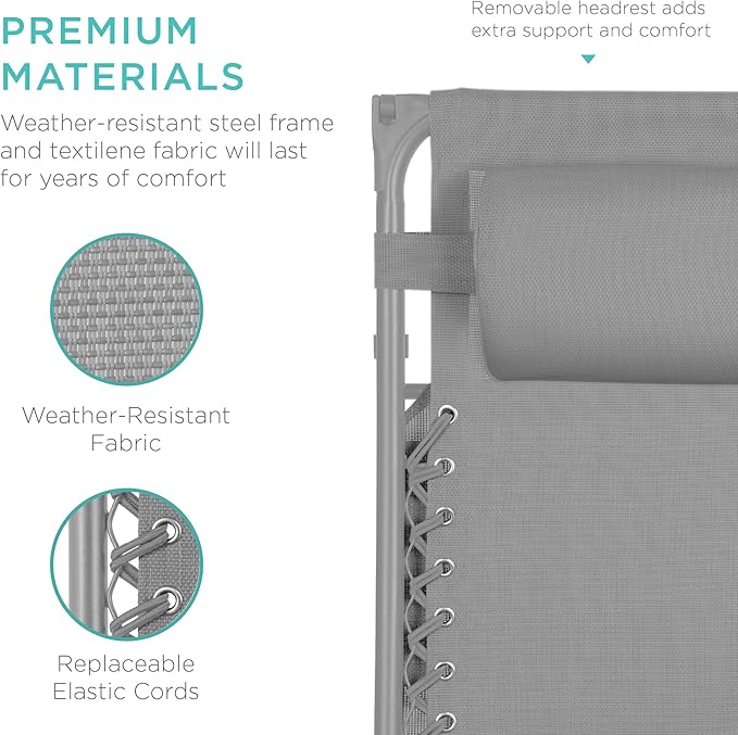 Best Choice Products Folding Zero Gravity Outdoor Recliner Patio Lounge Chair w/Adjustable Canopy Shade, Headrest, Side Accessory Tray, Textilene Mesh - Dove Gray - Image 5